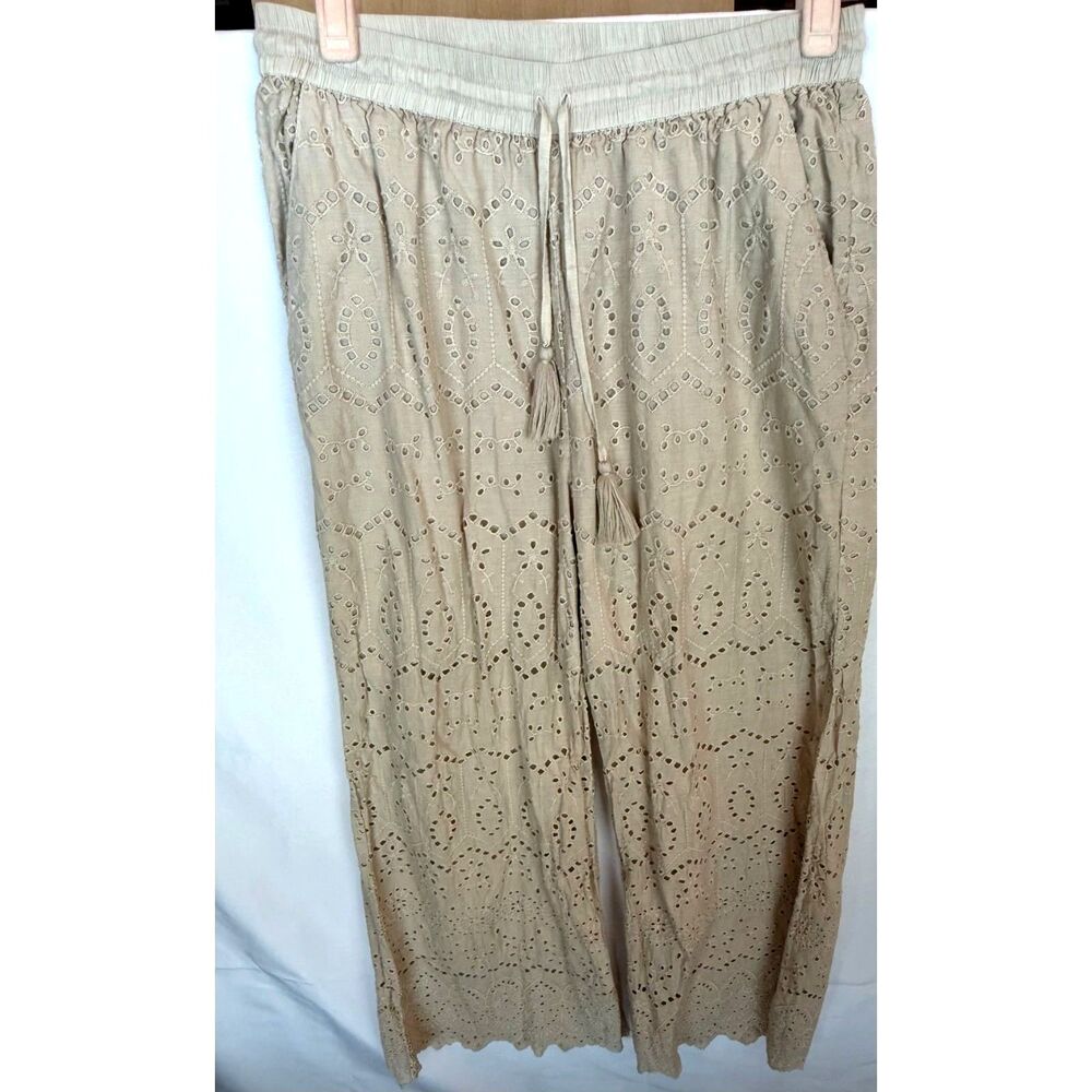 Kyla Seo Beige Cotton Eyelet Pants Cottagecore Coastal Grandma Boho Size M